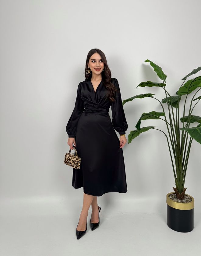 Miss Janell Vestido Envolvente Elegante Negro Con Mangas Largas Globo Ropa al por mayor Modesto