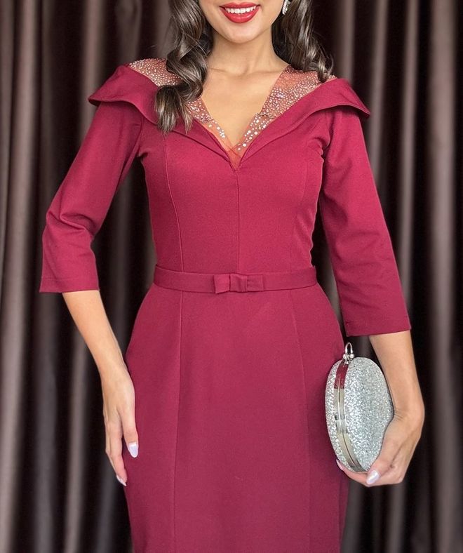 Miss Janell Bordo Fit & Düz Elbise V Yaka Ve 3/4 Kollar Toptan Giyim Seksi