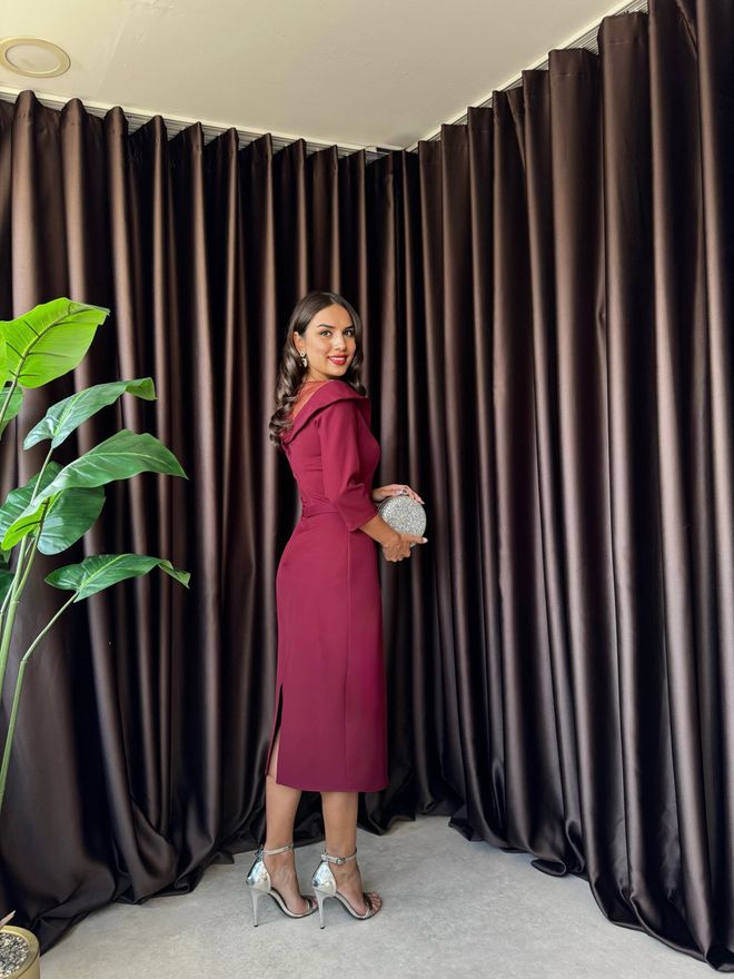 Miss Janell Bordo Fit & Düz Elbise V Yaka Ve 3/4 Kollar Toptan Giyim 1