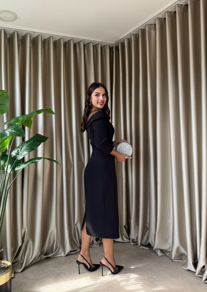 Miss Janell Zarif Siyah Fit & Düz Elbise İle Derin Dekolte Toptan Giyim Doğum Günü