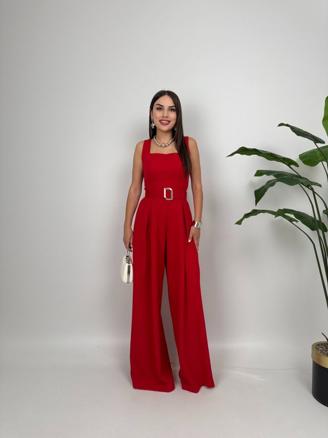 Miss Janell Rdeč Eleganten Krojen Kombinezon Oblačila na debelo Vintage