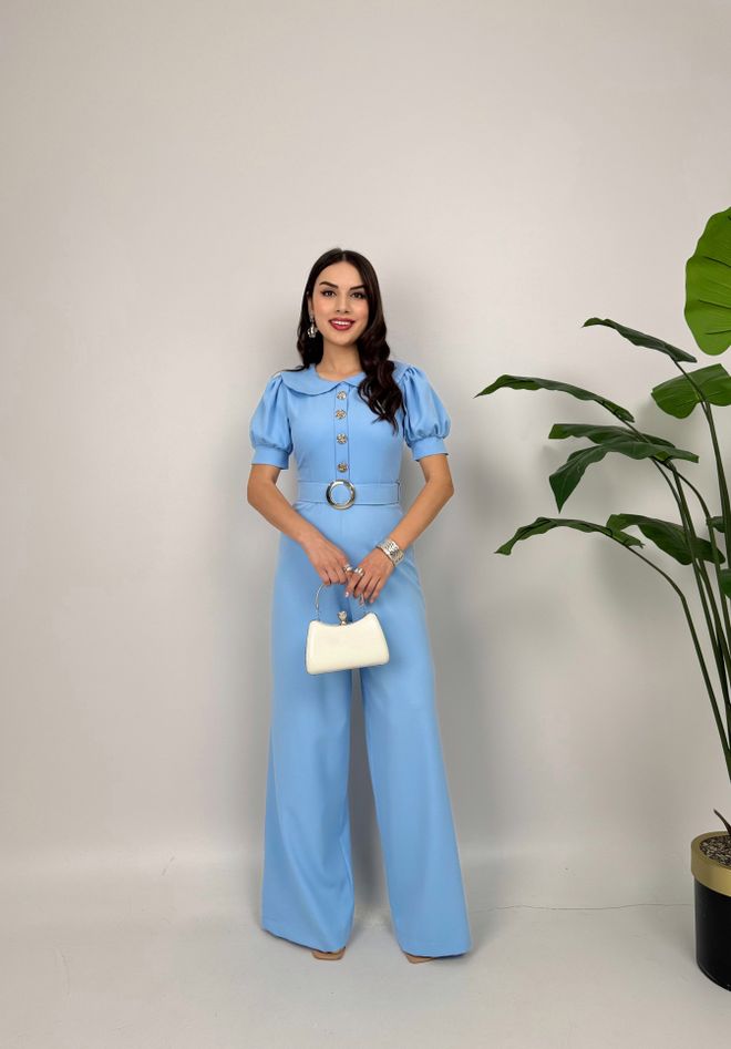 Miss Janell Blue Tailored Jumpsuit With Puff Short Sleeves Wholesale Clothing Casual