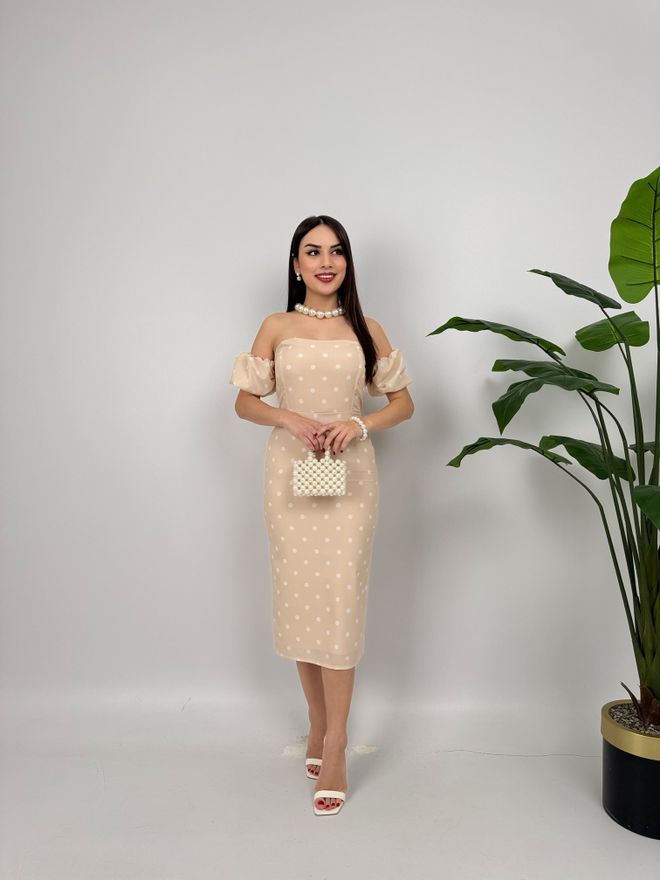 Miss Janell Beige Elegante Strapless Schedejurk Met Polka Dots Groothandel Kleding Sexy