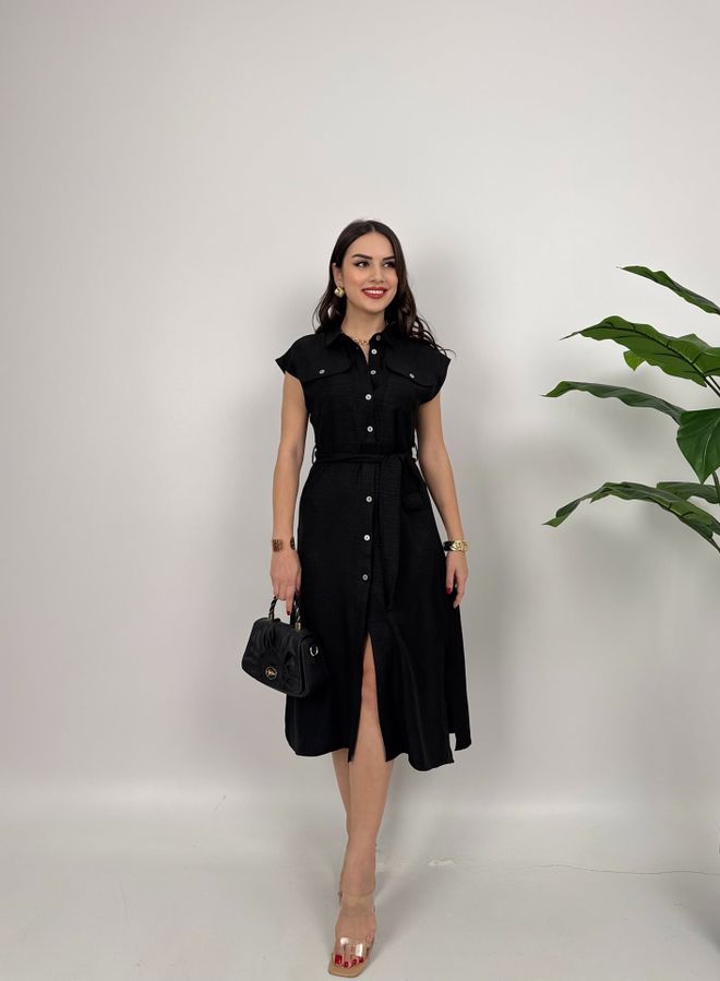 Miss Janell Черное Платье рубашка С Рукавом С Крышкой Миди Оптовая продажа одежды Повседневный