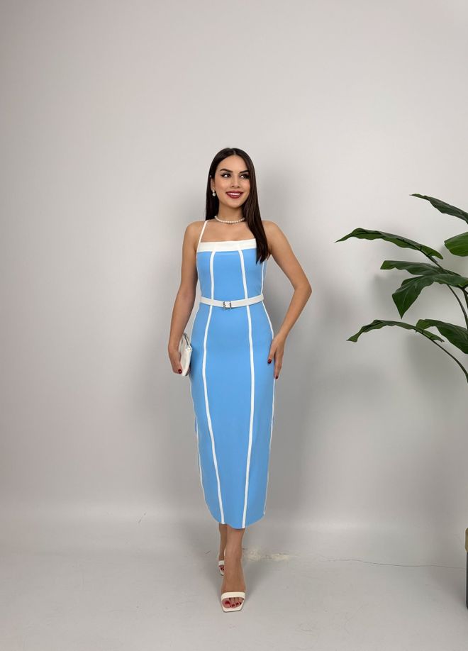 Miss Janell فستان أزرق مخطط بوديكون ميدي ملابس بالجملة غير رسمي