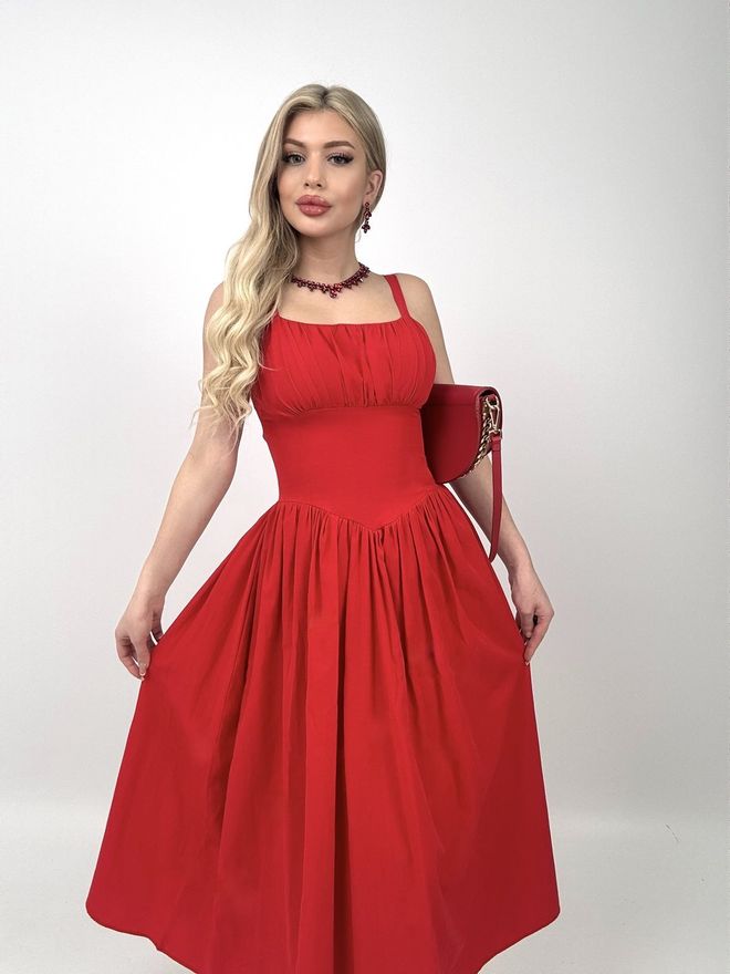 Miss Janell Црвена Елегантна Фит Анд Фларе Миди Хаљина Велепродаја одеће Винтаге