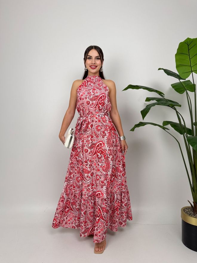 Miss Janell Элегантное Красное Платье Fit And Flare С Воротником Halter Оптовая продажа одежды Повседневный