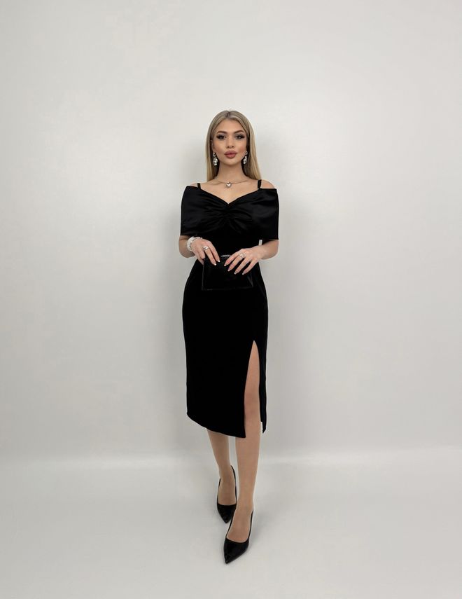 Miss Janell فستان أسود غمد برقبة بدون أكتاف ملابس بالجملة جنسي