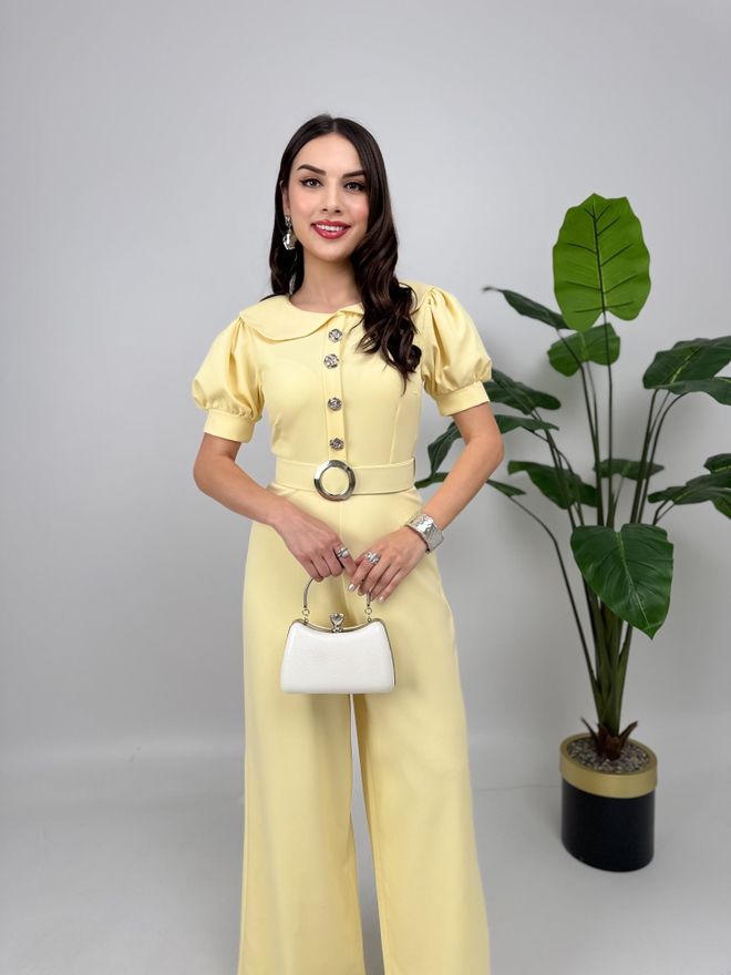 Miss Janell Yellow Tailored Jumpsuit With Puff Short Sleeves Wholesale Clothing Spring