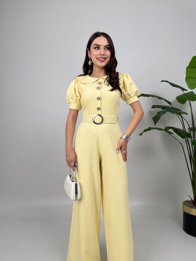 Miss Janell Yellow Tailored Jumpsuit With Puff Short Sleeves Wholesale Clothing 1
