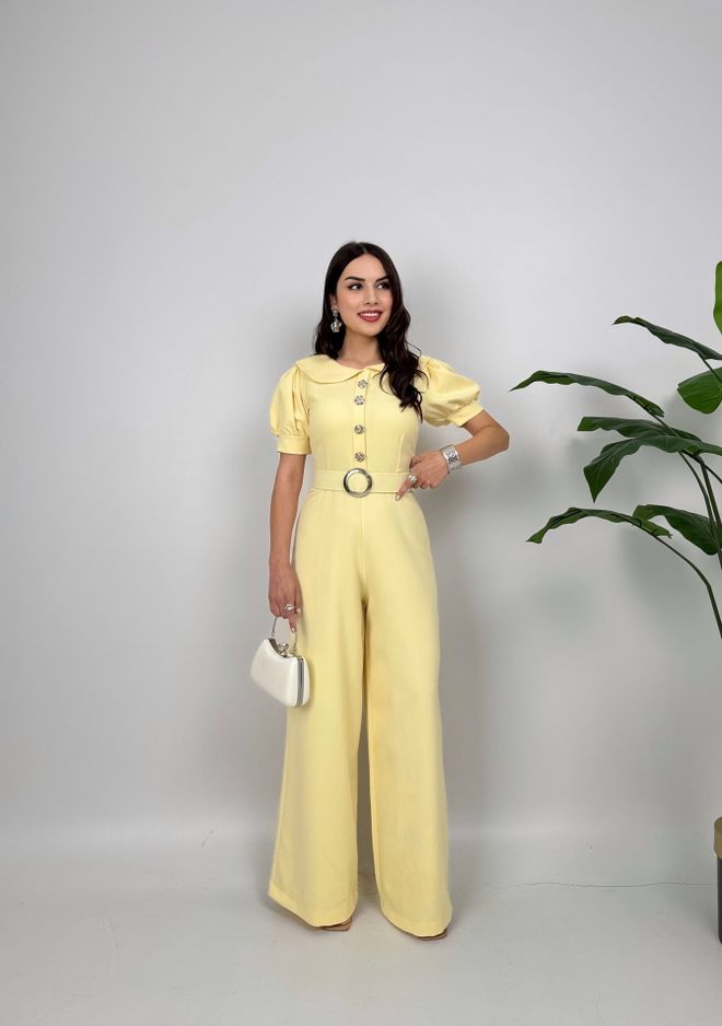 Miss Janell Yellow Tailored Jumpsuit With Puff Short Sleeves Wholesale Clothing Casual