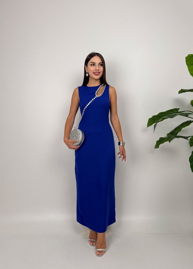 Miss Janell Blue Elegant Maxi Slit Sleeveless Dress Wholesale Clothing Sexy