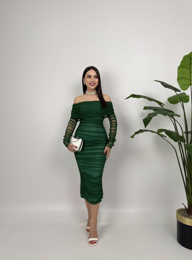 Miss Janell Vestido Bodycon Verde Sensual Elegante Midi Decote Off Shoulder Roupas por atacado Sensual