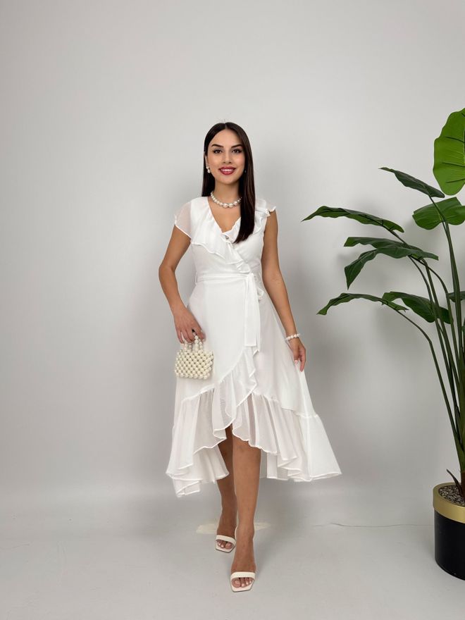 Miss Janell فستان أبيض أنيق ملفوف برقبة V وأكمام كاب ملابس بالجملة غير رسمي