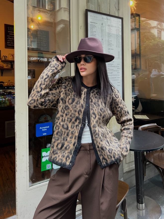 Miss Janell Brown Leopard Print Buttoned Cardigan Wholesale Clothing Lounge