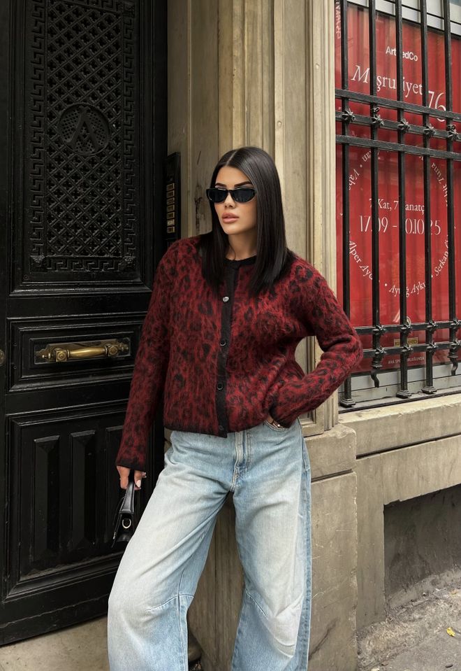Miss Janell Claret Red Cardigan With Animal Print Buttoned Long Sleeve Wholesale Clothing Lounge