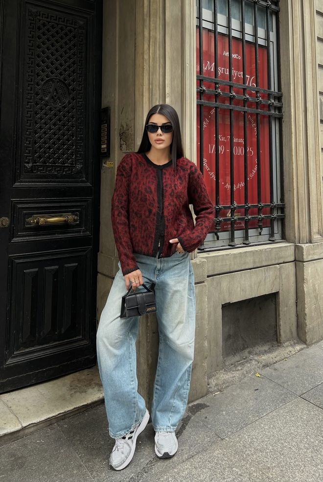 Miss Janell Claret Red Cardigan With Animal Print Buttoned Long Sleeve Wholesale Clothing 5