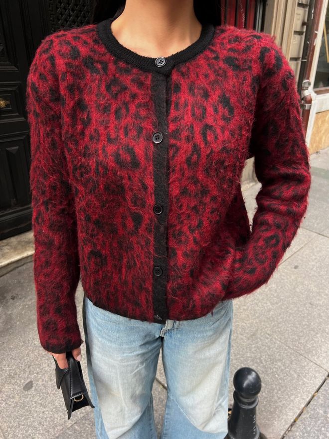Miss Janell Claret Red Cardigan With Animal Print Buttoned Long Sleeve Wholesale Clothing Vintage