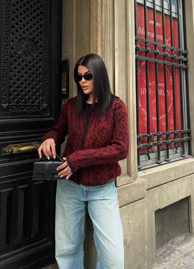 Miss Janell Claret Red Cardigan With Animal Print Buttoned Long Sleeve Wholesale Clothing 1