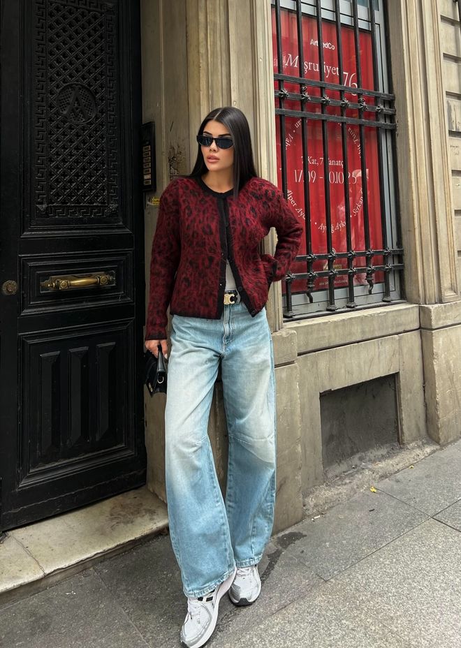 Miss Janell Bordo Hırka Hayvan Baskılı Düğmeli Uzun Kollu Toptan Giyim Gündelik