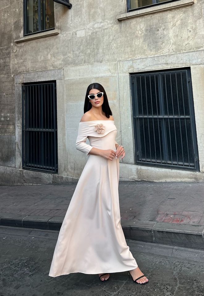 Miss Janell Zarif Bej Fit & Flare Elbise Toptan Giyim Nostaljik