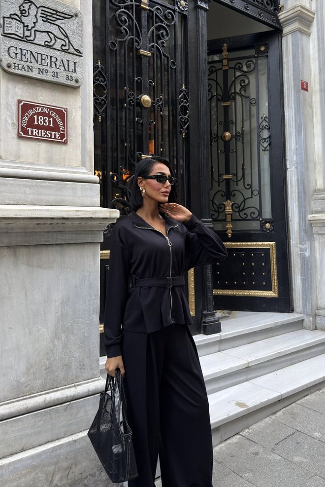 Miss Janell Czarny Elegancki Skromny Komplet Palazzo Hurtowa sprzedaż odzieży Skromny