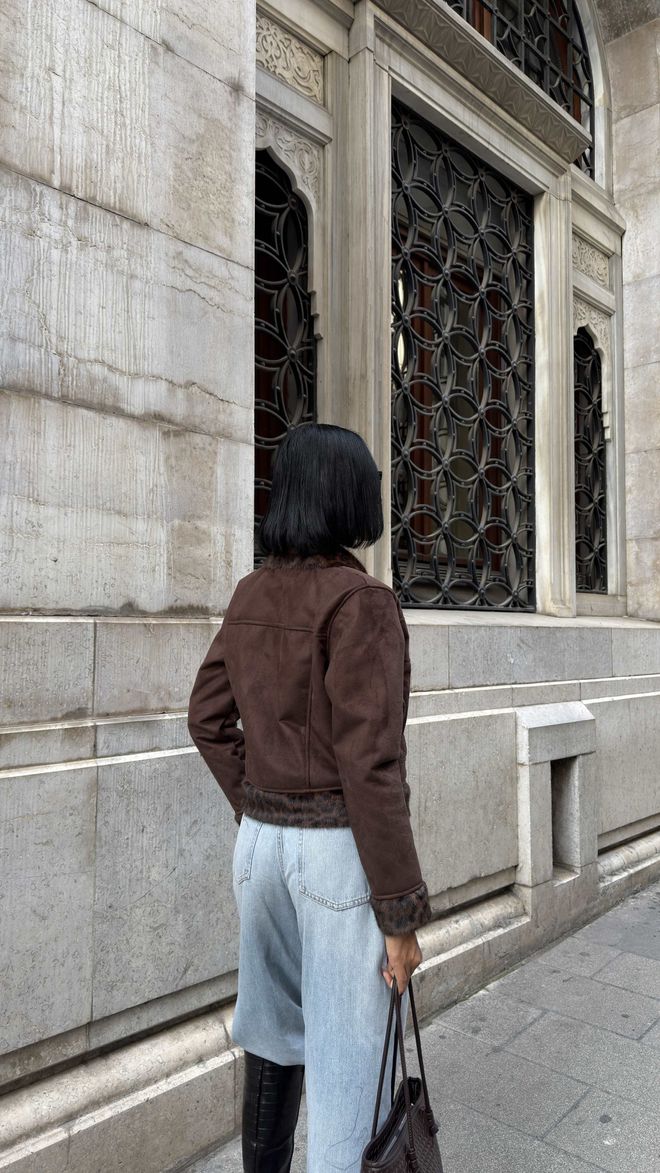 Miss Janell Kahverengi Hayvan Desenli Kürk Ceket Toptan Giyim Gündelik