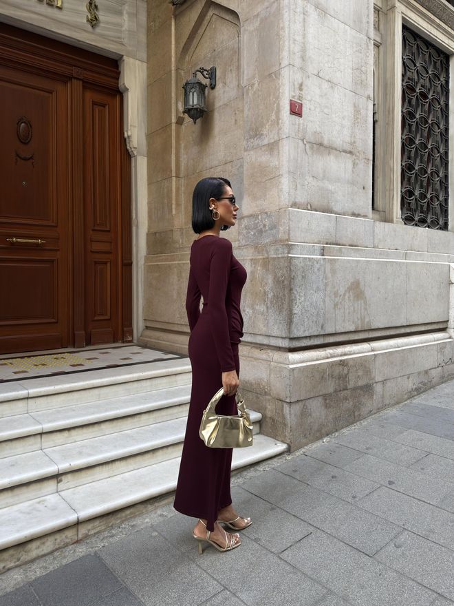 Miss Janell Claret Red Sheath Dress With Long Straight Sleeves Wholesale Clothing 1