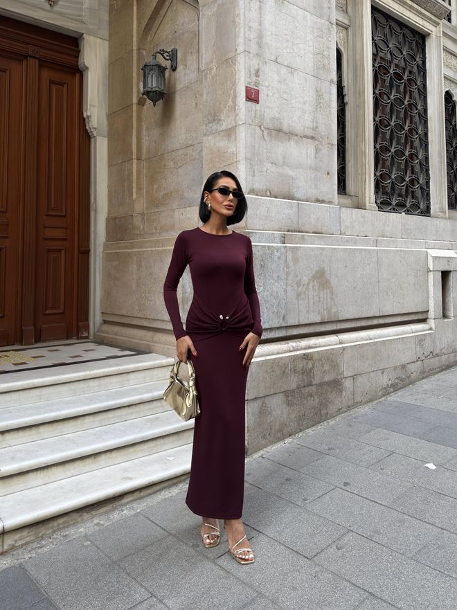 Miss Janell Claret Red Sheath Dress With Long Straight Sleeves Wholesale Clothing Fall