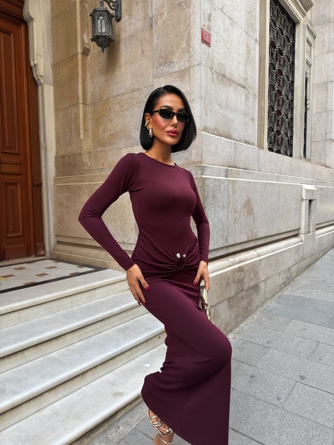 Miss Janell Claret Red Sheath Dress With Long Straight Sleeves Wholesale Clothing Work