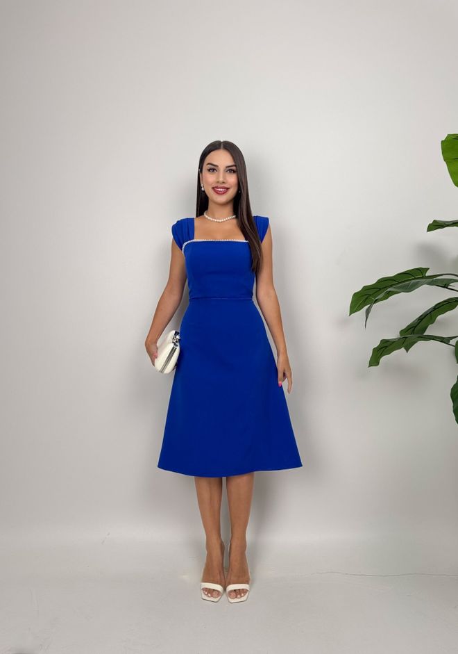 Miss Janell Vestido Elegante Azul Línea A Midi Con Escote Cuadrado Ropa al por mayor Antiguo