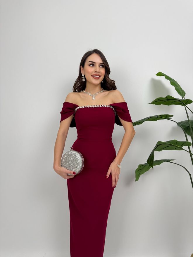 Miss Janell Vestido Vermelho Clarete Elegante Bainha Midi Com Decote Off Shoulder Roupas por atacado Sensual