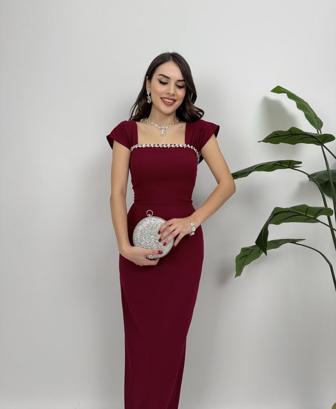 Miss Janell Bordo Zarif Fit & Düz Midi Elbise Omzu Açık Toptan Giyim 1