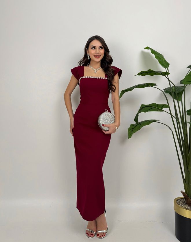 Miss Janell Bordo Zarif Fit & Düz Midi Elbise Omzu Açık Toptan Giyim Bahar