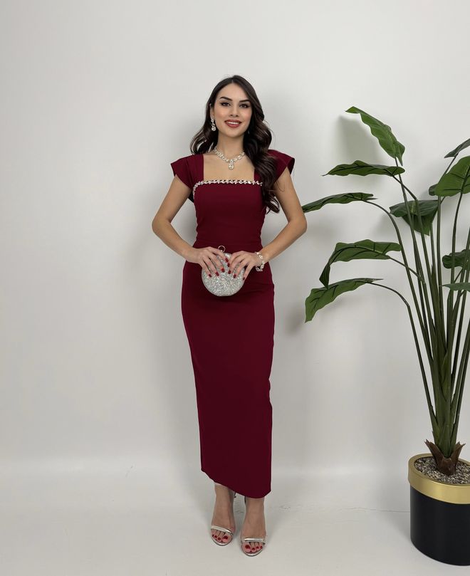 Miss Janell Bordo Zarif Fit & Düz Midi Elbise Omzu Açık Toptan Giyim Yılbaşı