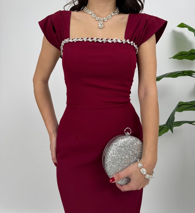 Miss Janell Bordo Zarif Fit & Düz Midi Elbise Omzu Açık Toptan Giyim 5