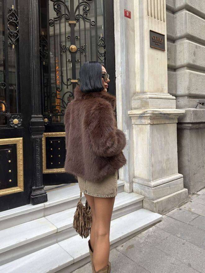 Miss Janell Kahverengi Kürk Bol Kalıp Kaban Çentikli Yakalı Toptan Giyim Gündelik