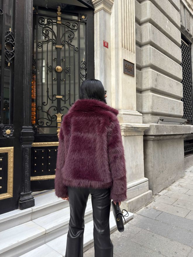 Miss Janell Zarif Bordo Kürk Kaban Toptan Giyim Nostaljik