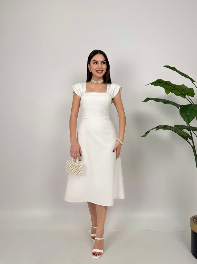 Miss Janell Vestido Blanco Elegante De Línea A Midi Con Escote Cuadrado Ropa al por mayor Antiguo