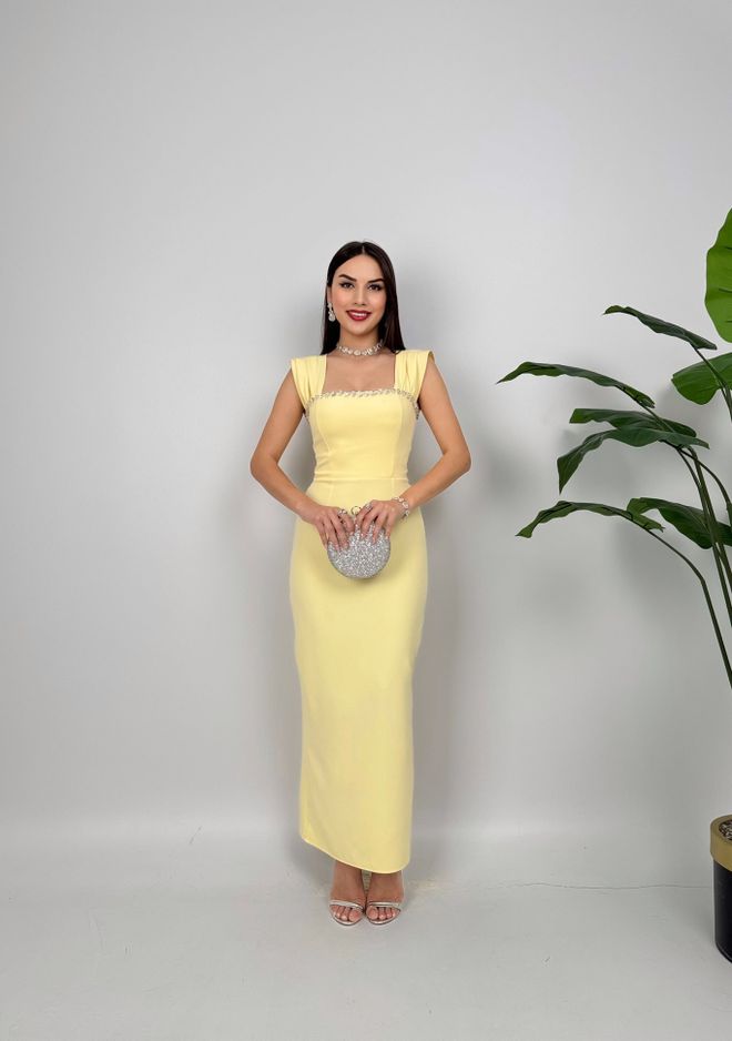 Miss Janell Elegancka Żółta Sukienka Ołówkowa Z Kwadratowym Dekoltem Hurtowa sprzedaż odzieży Seksowny