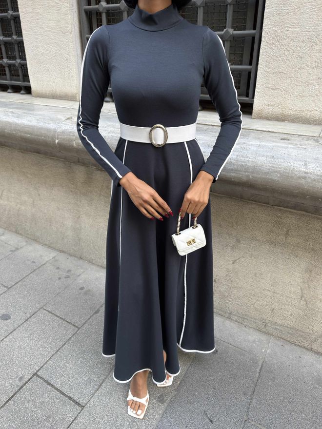 Miss Janell Елегантна Сива Макси Рокля С А силует И Високo Деколте Дрехи на едро 1