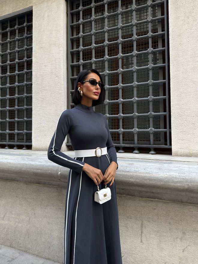 Miss Janell Елегантна Сива Макси Рокля С А силует И Високo Деколте Дрехи на едро Коктейл