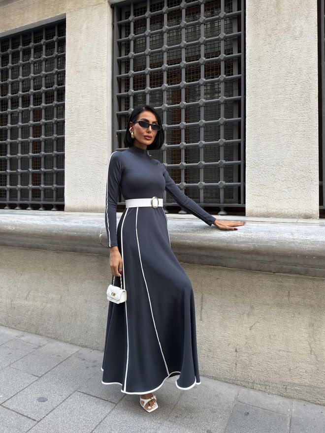 Miss Janell Елегантна Сива Макси Рокля С А силует И Високo Деколте Дрехи на едро 5