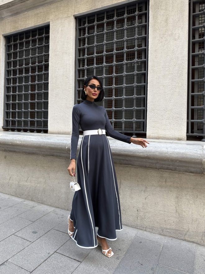 Miss Janell Елегантна Сива Макси Рокля С А силует И Високo Деколте Дрехи на едро Пролет