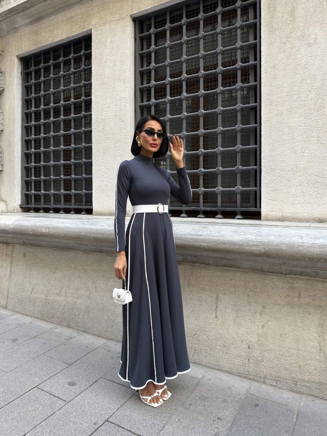 Miss Janell Елегантна Сива Макси Рокля С А силует И Високo Деколте Дрехи на едро Есен