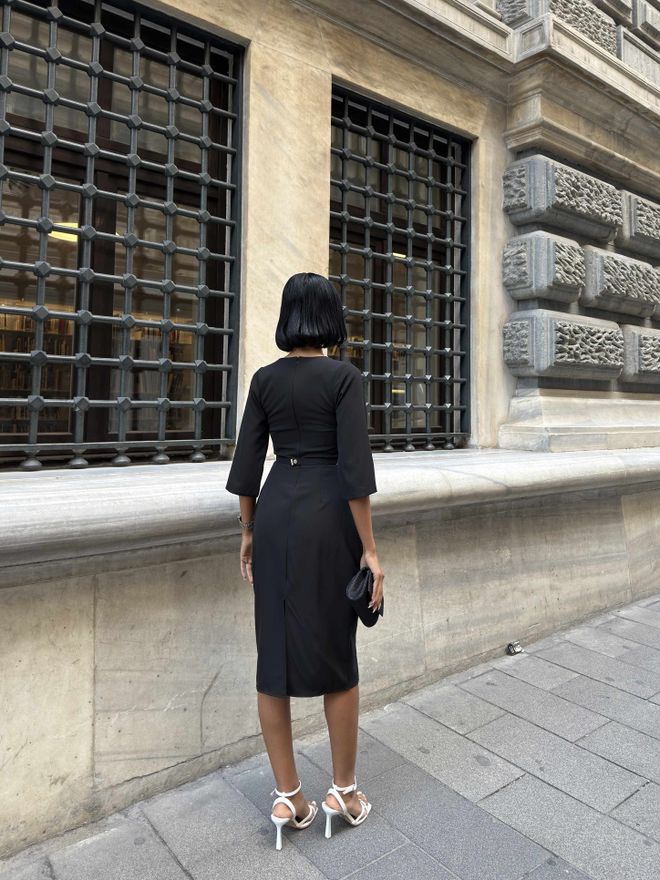 Miss Janell Czarna Elegancka Formalna Sukienka Obcisła Z Dzielenymi Rękawami 3/4 Hurtowa sprzedaż odzieży Skromny