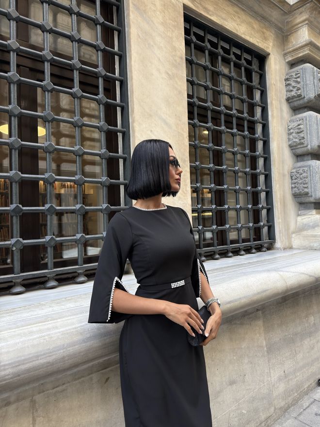 Miss Janell Black Elegant Formal Sheath Dress With Split 3/4 Sleeves Wholesale Clothing Spring