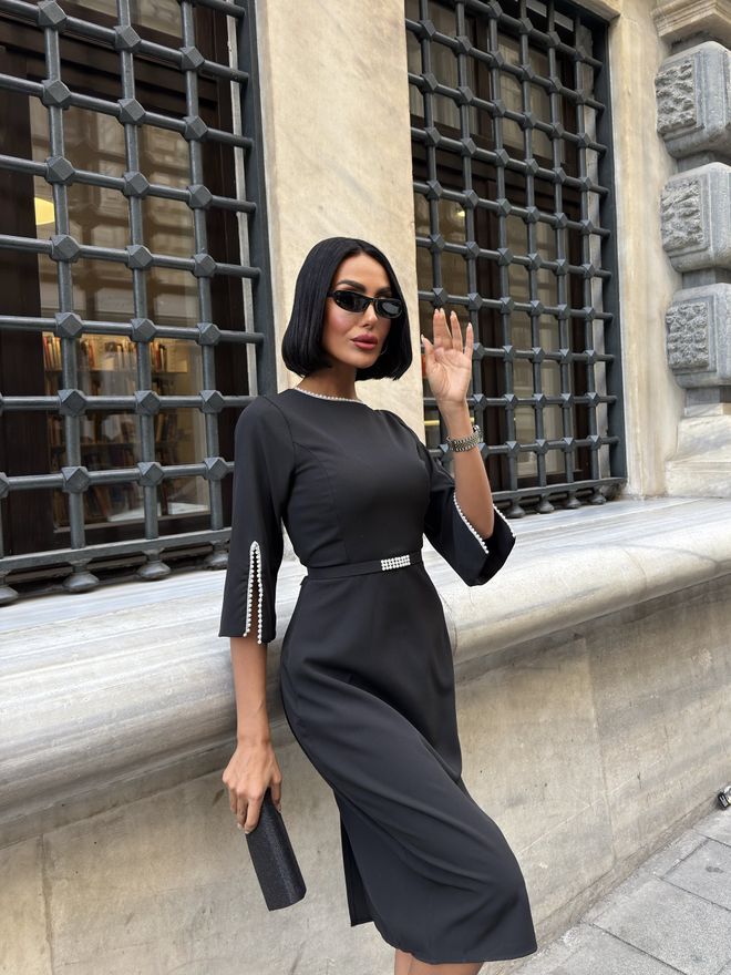 Miss Janell Black Elegant Formal Sheath Dress With Split 3/4 Sleeves Wholesale Clothing Sexy