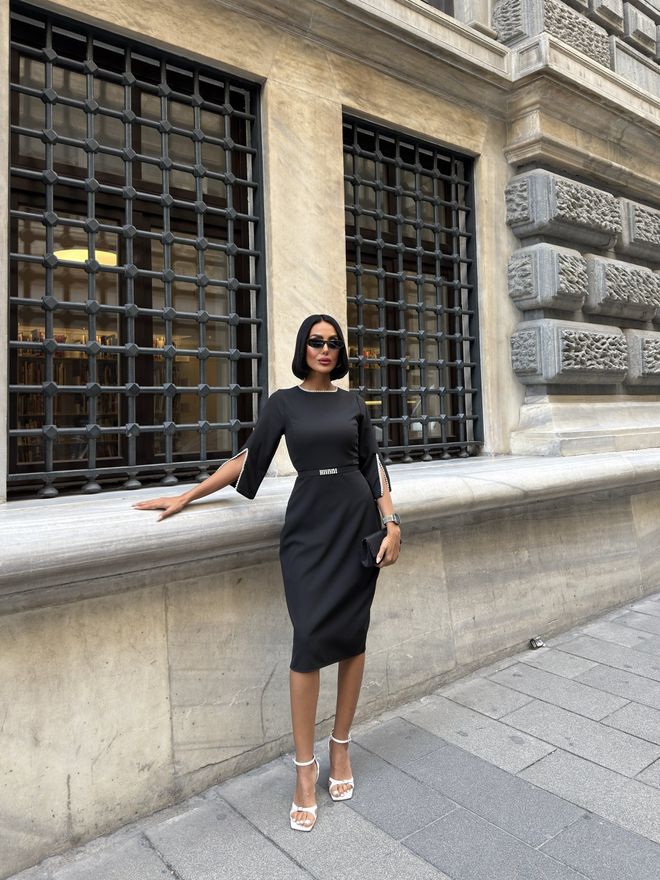 Miss Janell Black Elegant Formal Sheath Dress With Split 3/4 Sleeves Wholesale Clothing Work