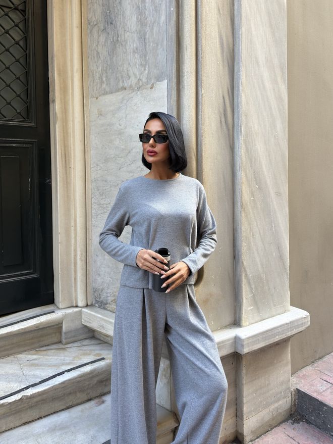 Miss Janell Conjunto Casual Elegante Gris Con Pantalones Palazzo Ropa al por mayor Casual